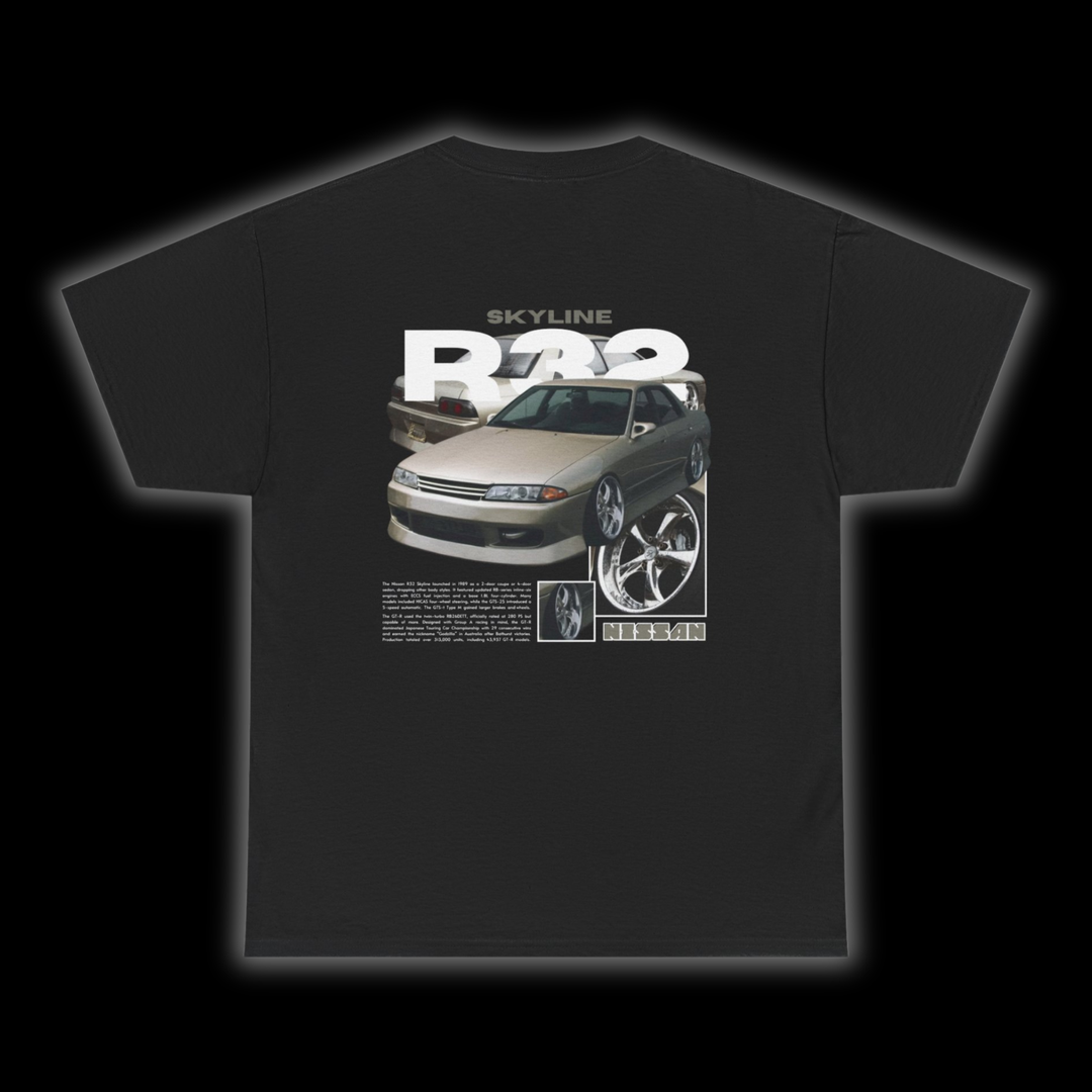 Black T-shirt with Nissan Skyline R32 GTR graphic on the back, picture of the rear, black background