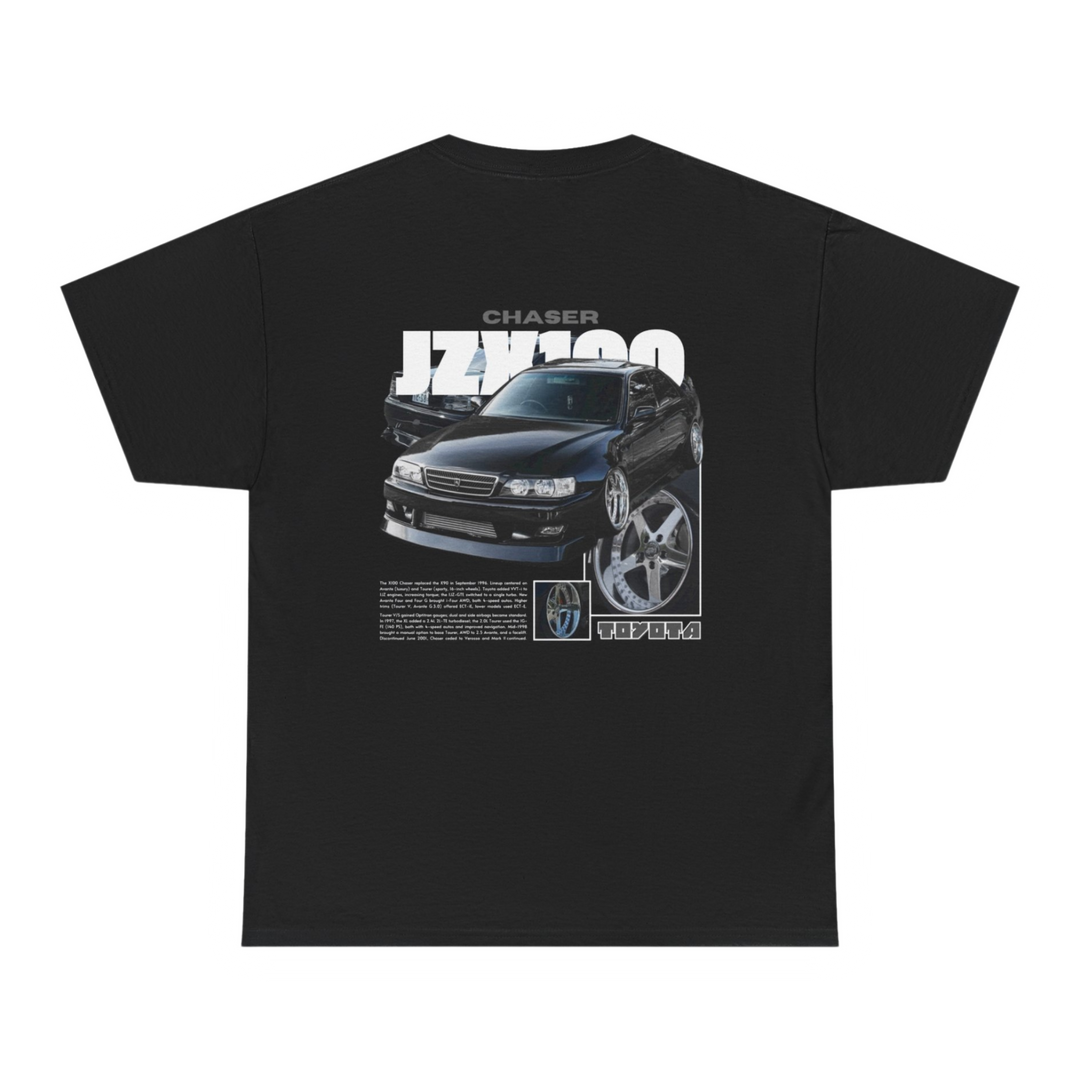 Black T-shirt with Toyota Chaser Jzx100 graphic on the back, picture of the rear, black background