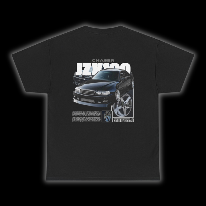 Black T-shirt with Toyota Chaser Jzx100 graphic on the back, picture of the rear, black background