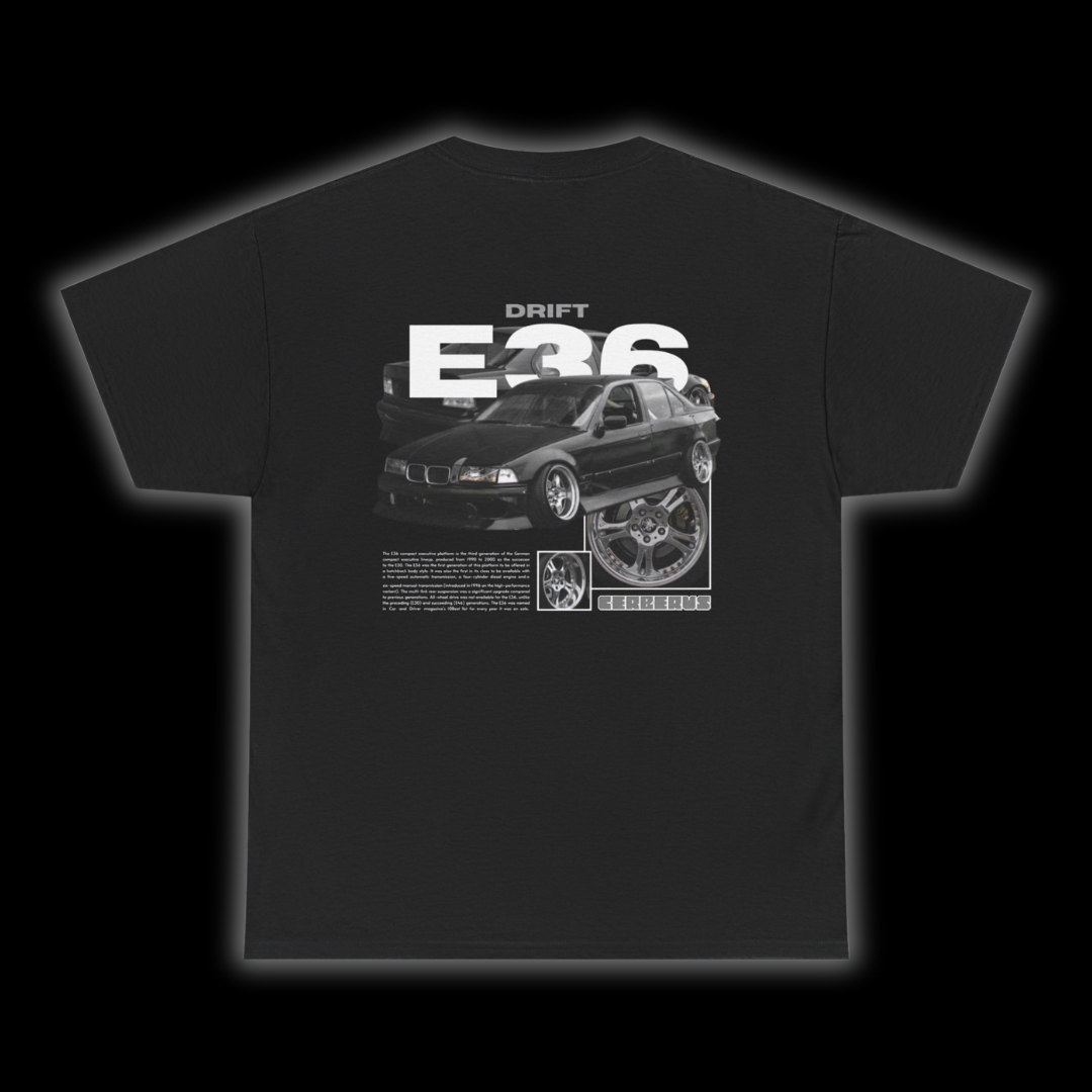 Black T-shirt with Bmw E36 graphic on the back, picture of the rear, black background