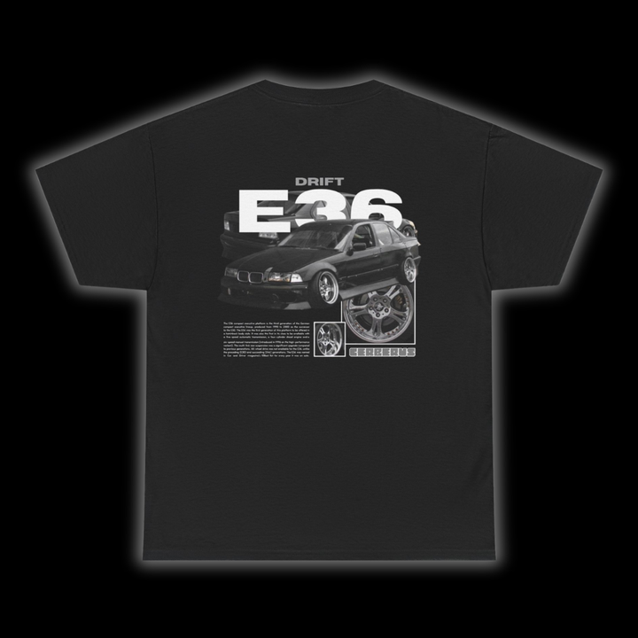Black T-shirt with Bmw E36 graphic on the back, picture of the rear, black background