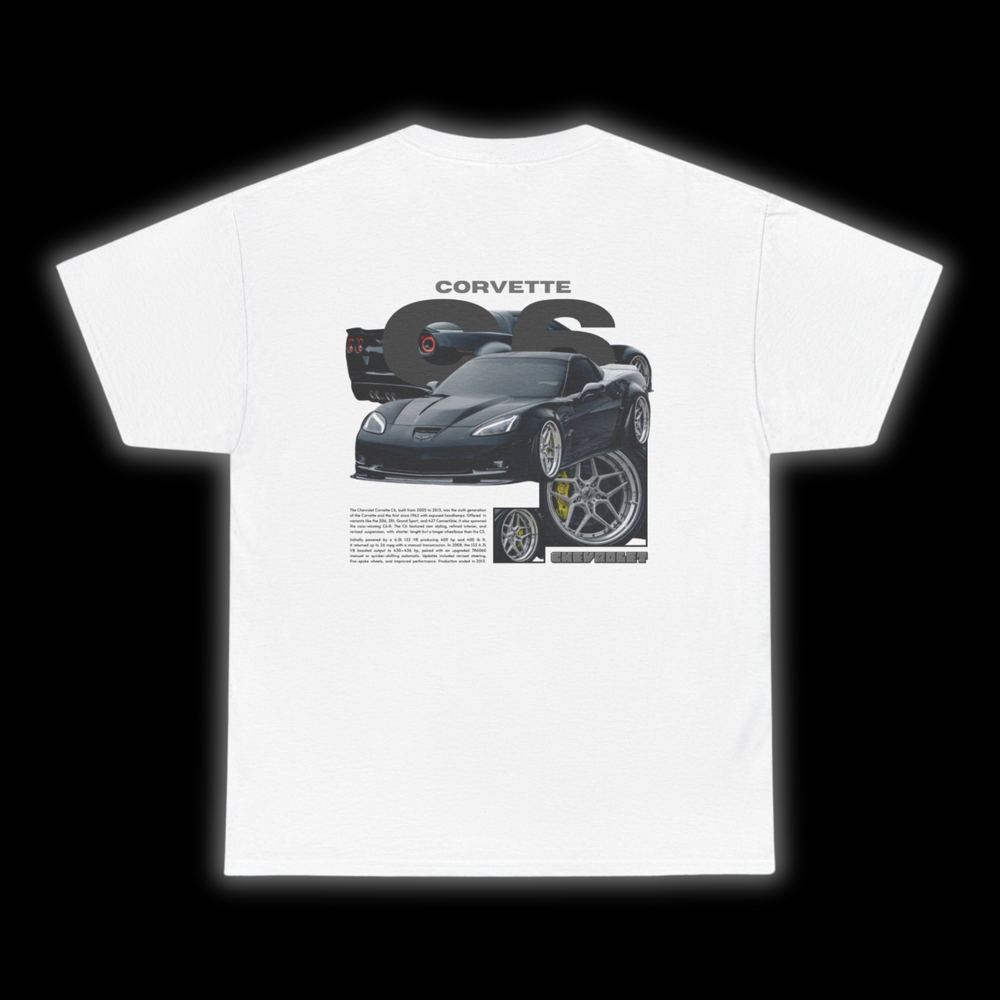White T-shirt with Chevrolet Corvette C6 graphic on the back, picture of the rear, black background