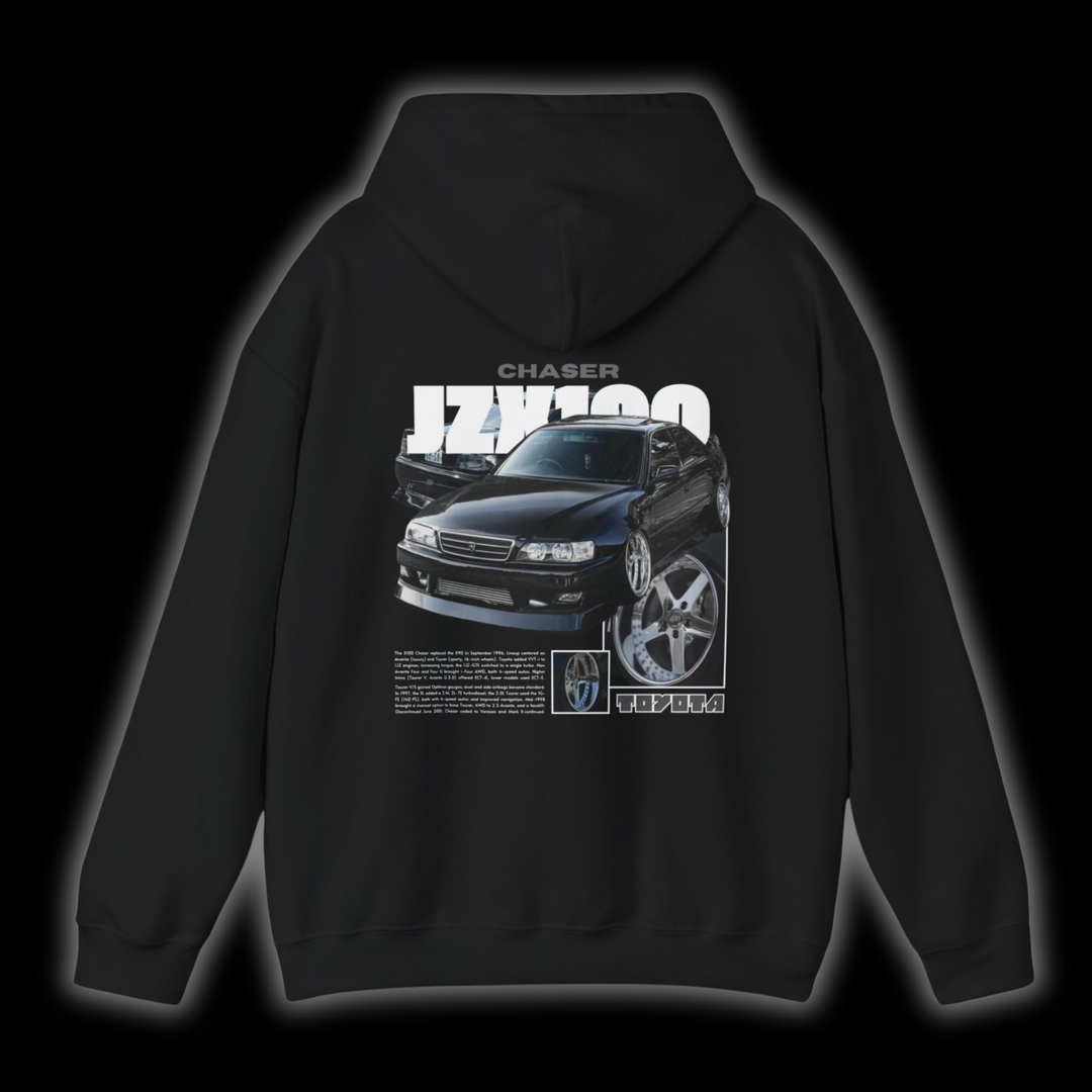 Black hoodie with Toyota Chaser Jzx100 graphic on the back, picture of the rear, black background 
