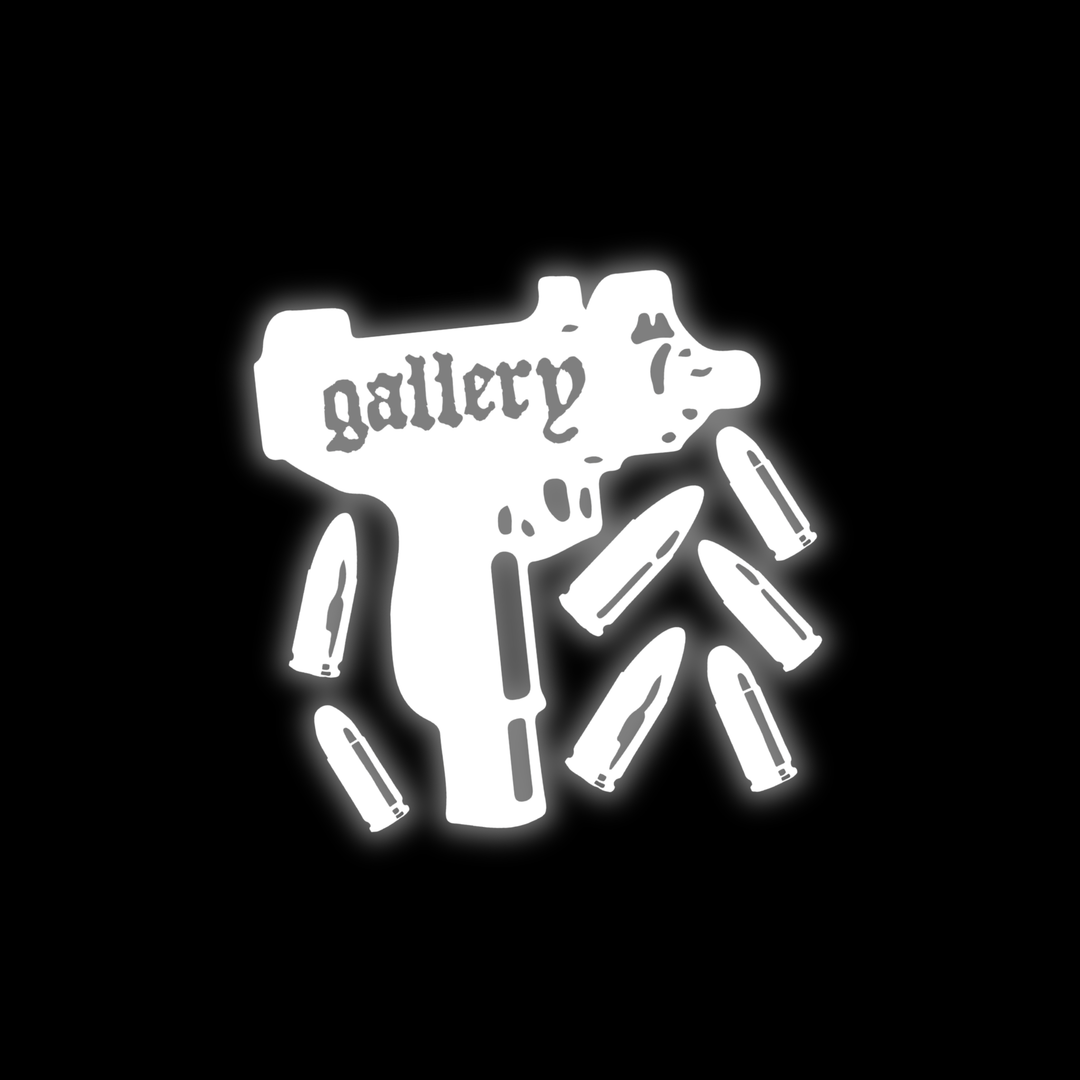Custom car window decals and vinyl car stickers for vehicles of an uzi gun, on a black background
