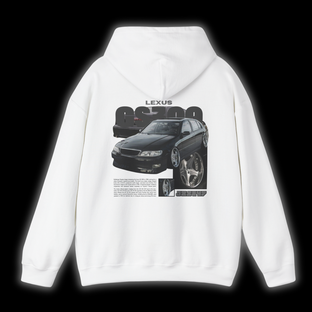 White hoodie with Lexus GS300 / Aristo Jzs147 graphic on the back, picture of the rear, black background