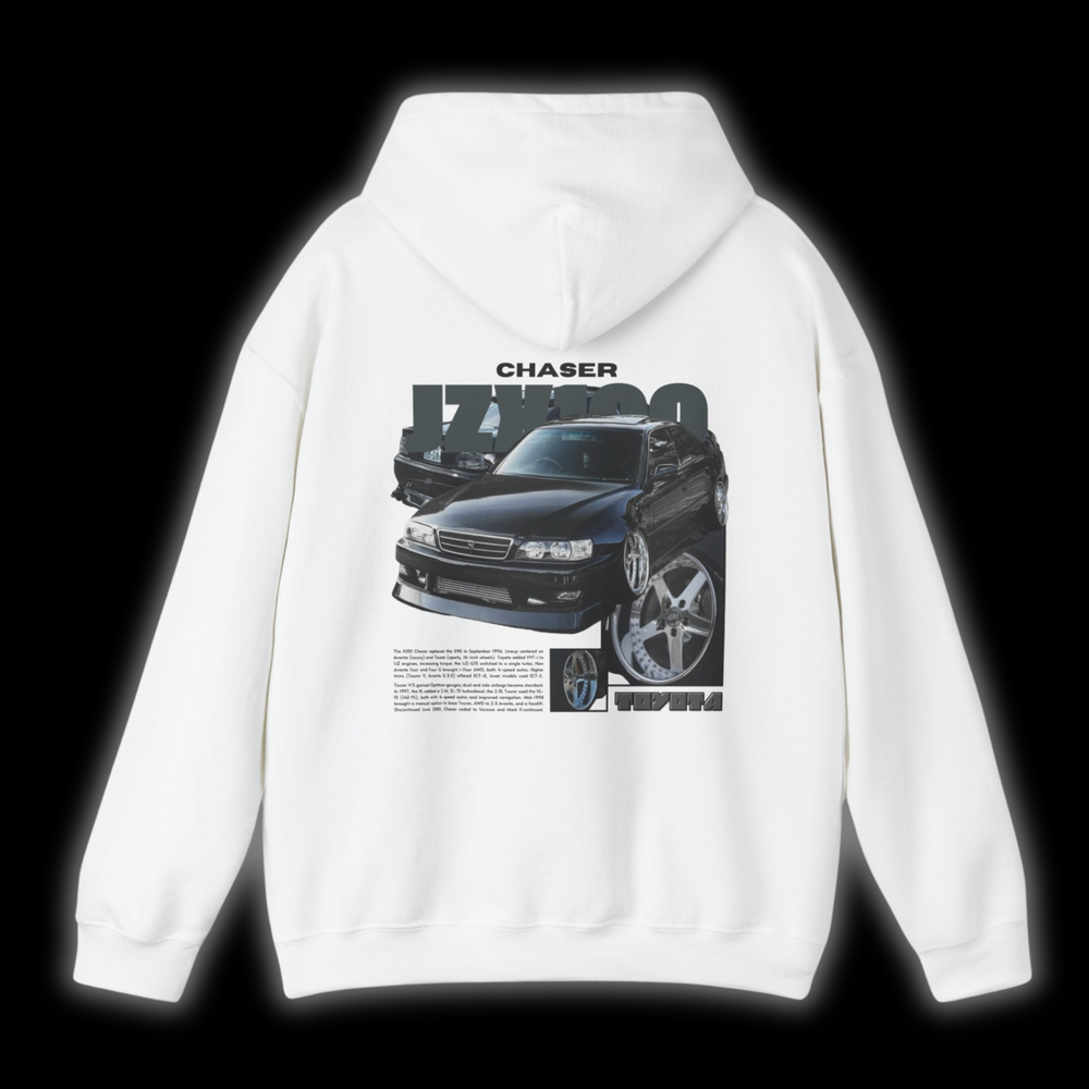 White hoodie with Toyota Chaser Jzx100 graphic on the back, picture of the rear, black background 
