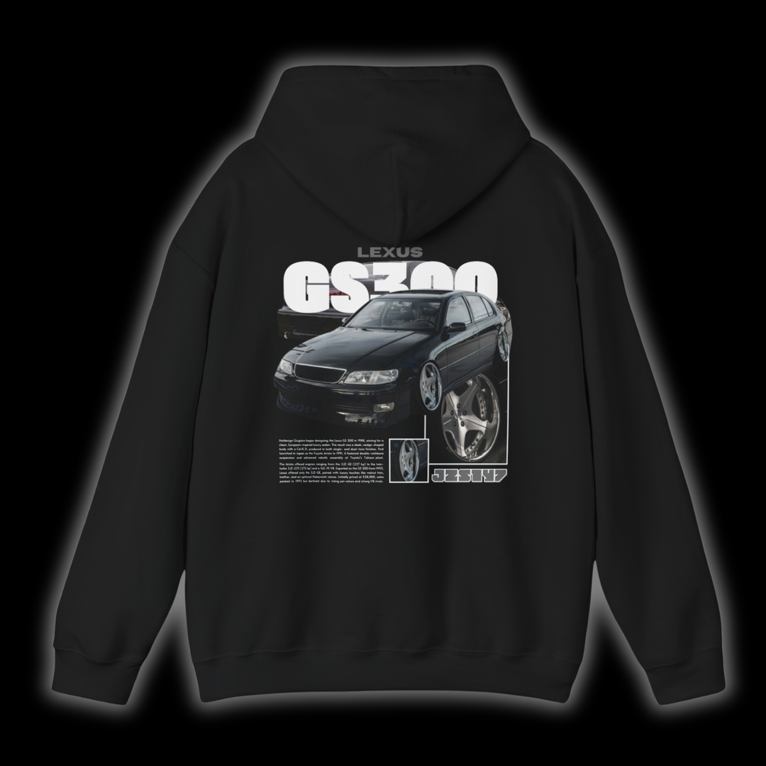 Black hoodie with Lexus GS300 / Aristo Jzs147 graphic on the back, picture of the rear, black background