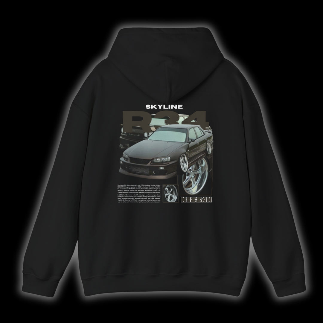 Black hoodie with Nissan Skyline R34 graphic on the back, picture from the rear, black background