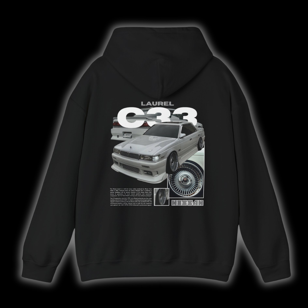 Black hoodie with Nissan Laurel C33 graphic on the back, picture of the rear, black background
