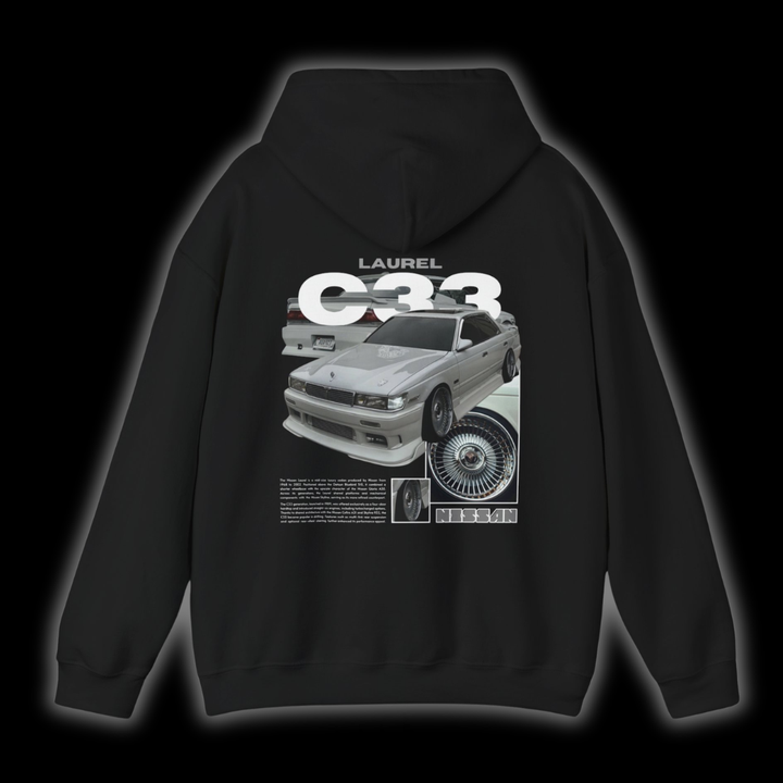 Black hoodie with Nissan Laurel C33 graphic on the back, picture of the rear, black background