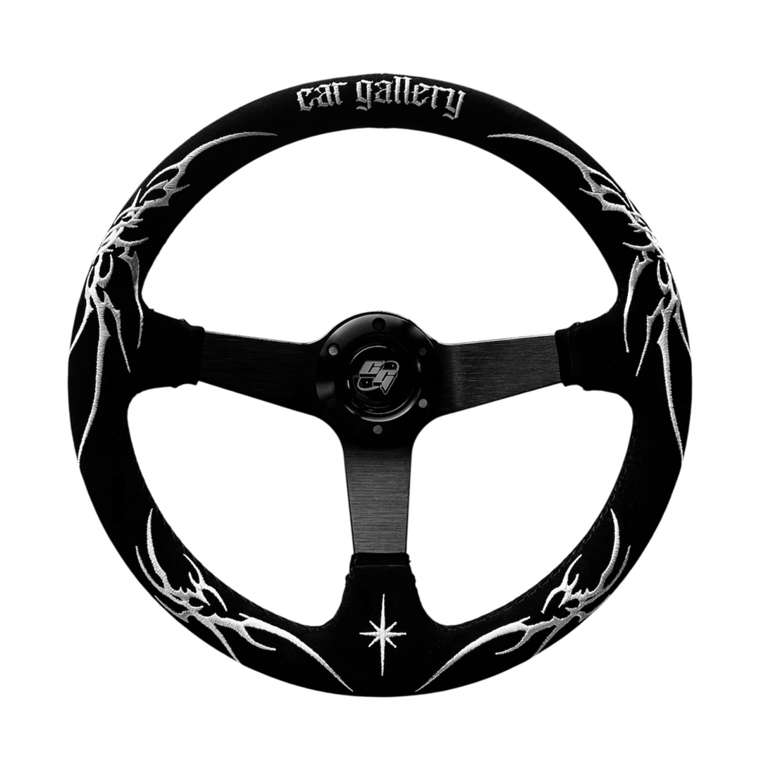 Custom racing Steering wheel made of Suede Leather with Embroidery decoration and 'car gallery' branding on a black background