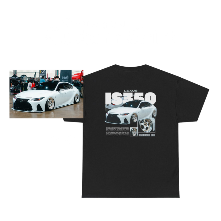 Custom car T-shirt showing a customer’s car photo transformed into a graphic shirt design