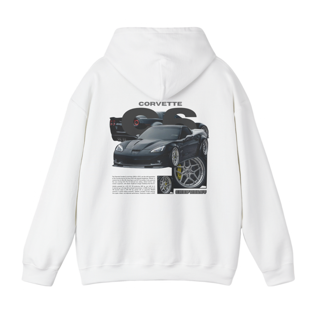 White hoodie with Chevrolet Corvette C6 graphic on the back, picture of the rear, black background 
