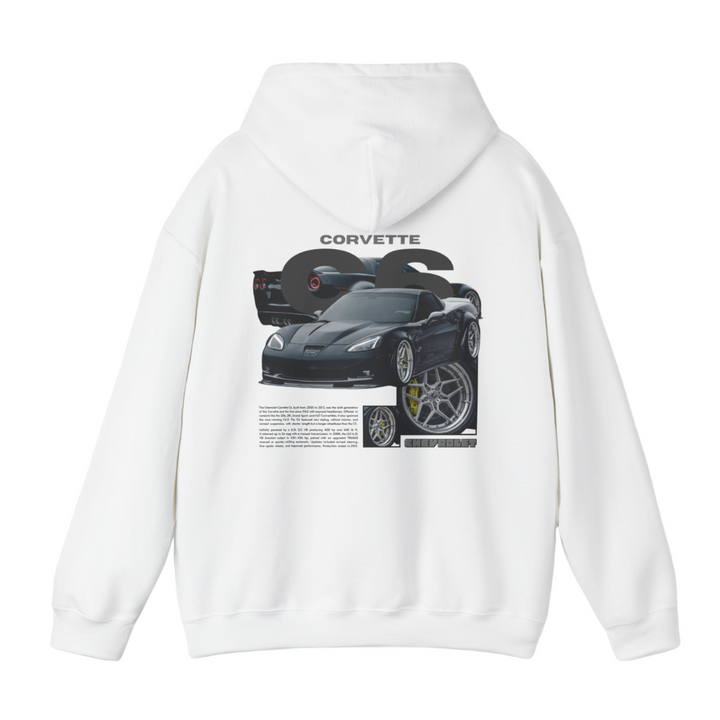 White hoodie with Chevrolet Corvette C6 graphic on the back, picture of the rear, black background 
