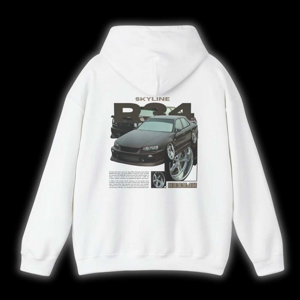 White hoodie with Nissan Skyline R34 graphic on the back, picture from the rear, black background