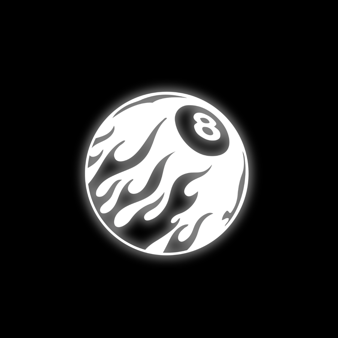 Custom car window decals and vinyl car stickers for vehicles of a 8ball with flames, on a black background