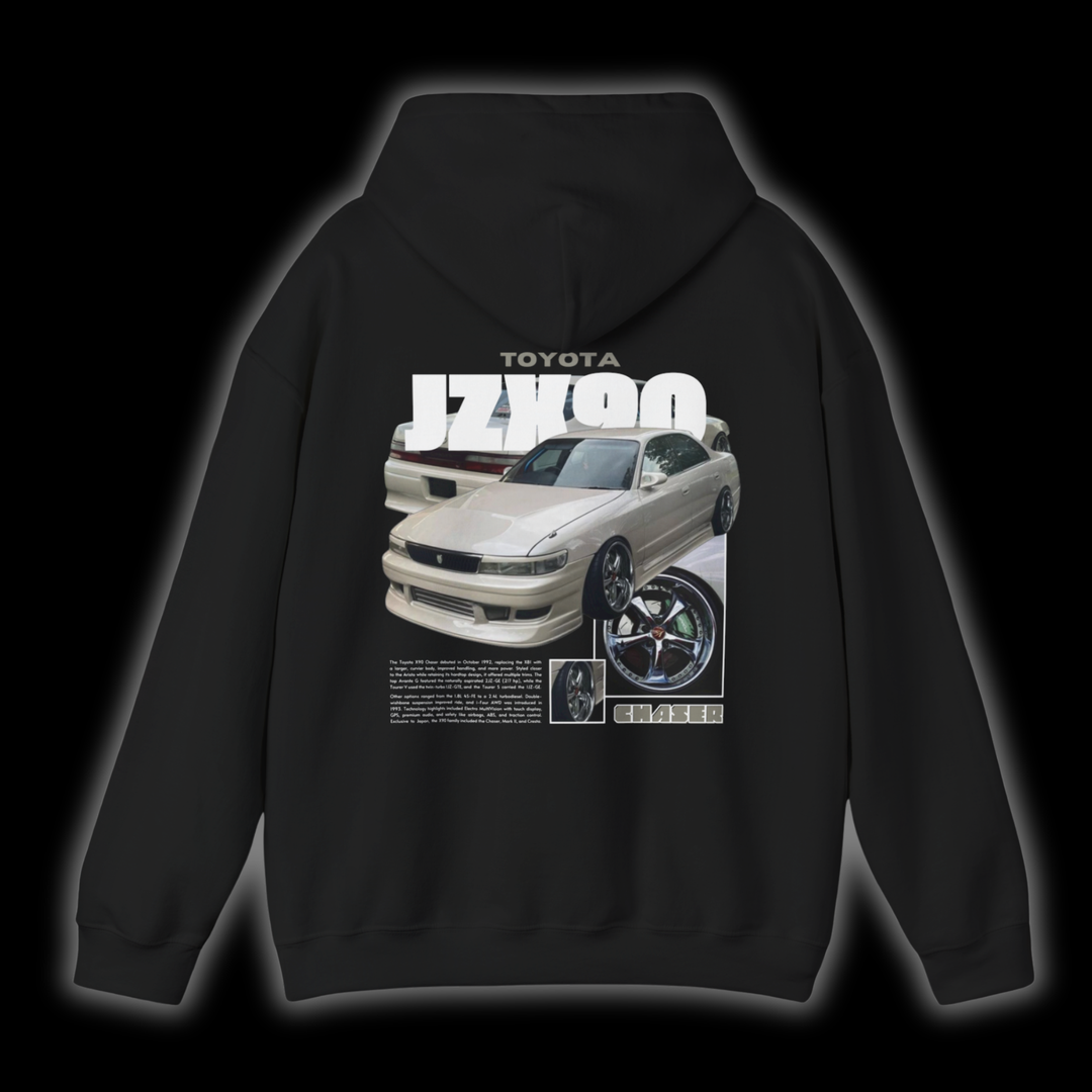 Black hoodie with Toyota Chaser Jzx90 graphic on the back, picture of the rear, black background