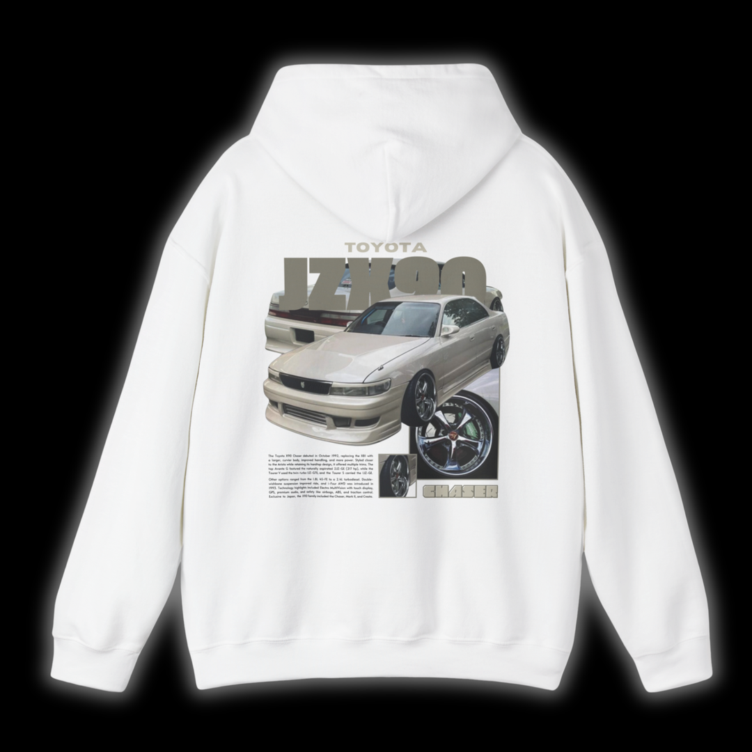 White hoodie with Toyota Chaser Jzx90 graphic on the back, picture of the rear, black background