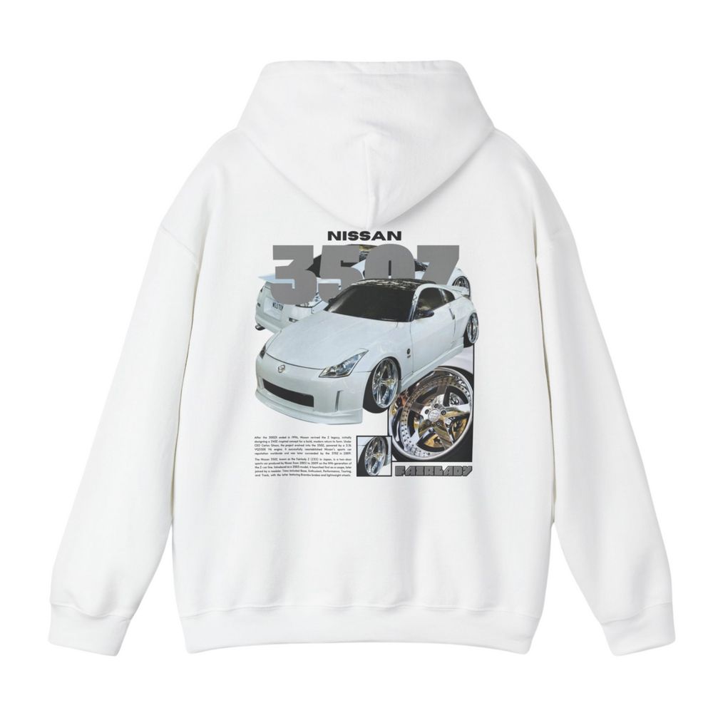 White hoodie with Nissan 350Z / Nissan Fairlady Z33 graphic on the back, picture of the rear, black background 
