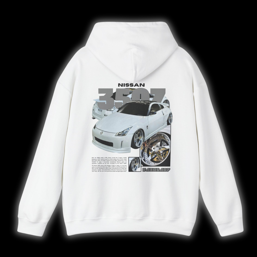 White hoodie with Nissan 350Z / Nissan Fairlady Z33 graphic on the back, picture of the rear, black background 

