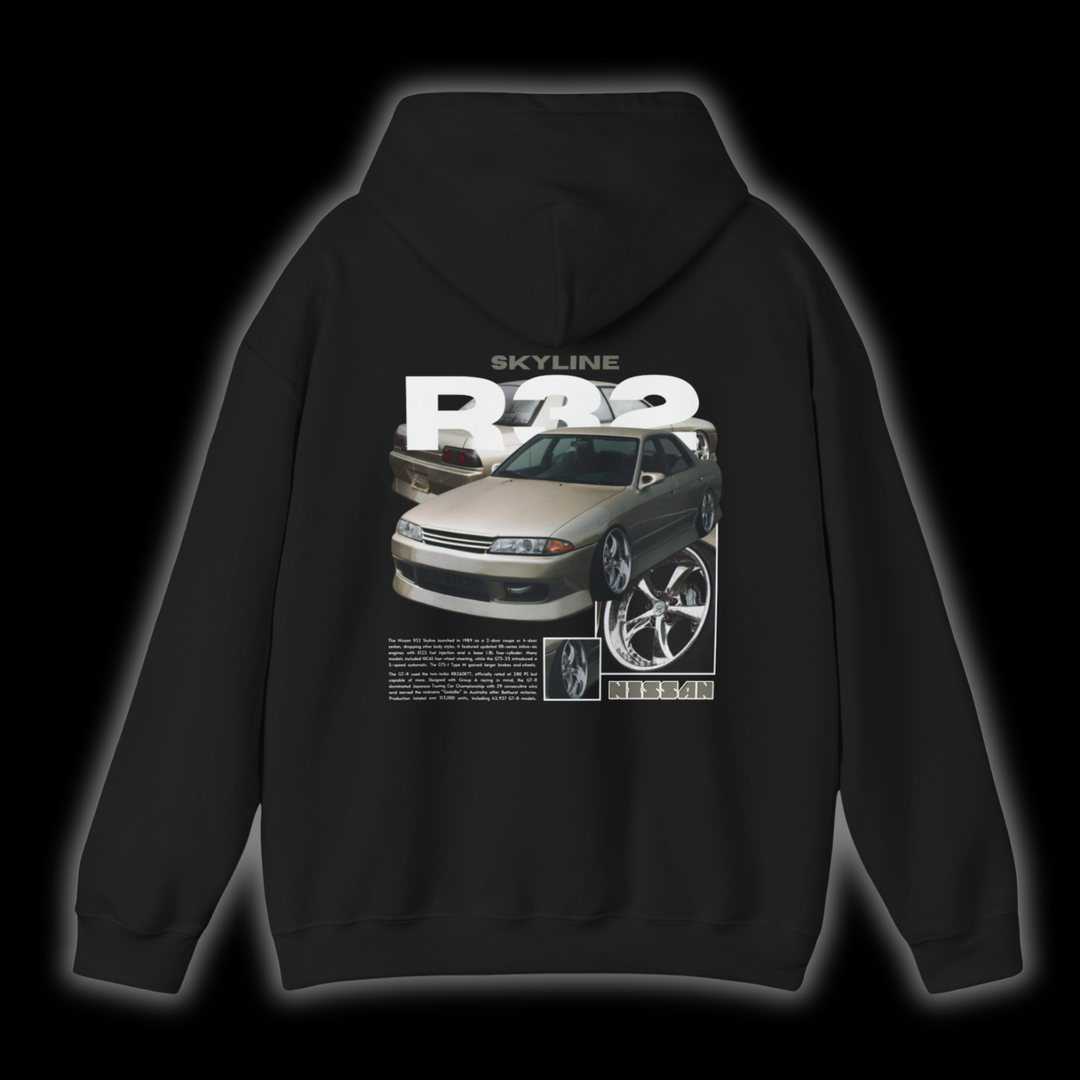 Black hoodie with Nissan Skyline R32 GTR graphic on the back, picture of the rear, black background 

