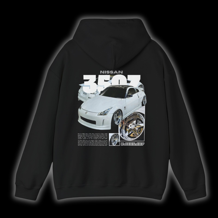 Black hoodie with Nissan 350Z / Nissan Fairlady Z33 graphic on the back, picture of the rear, black background 
