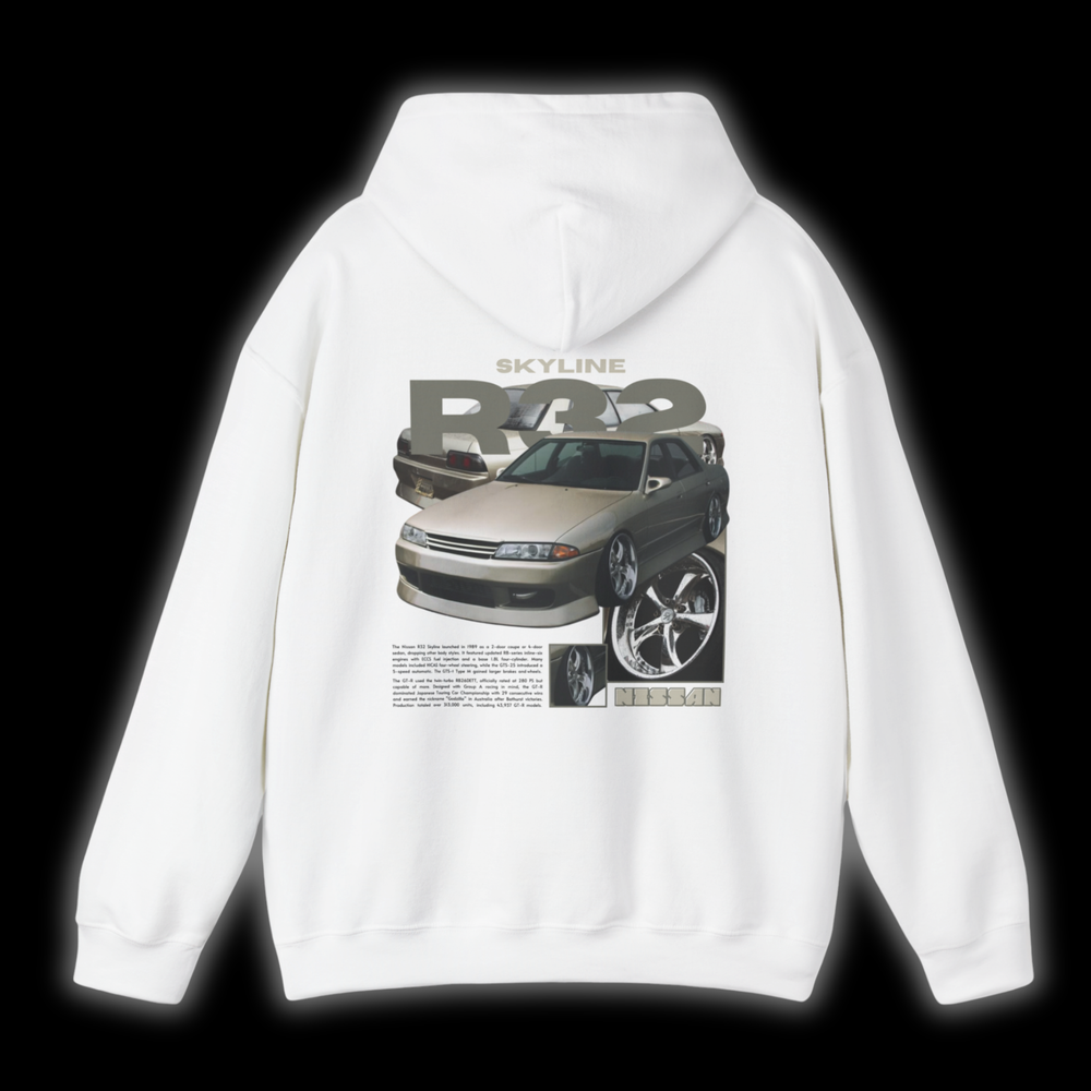 White hoodie with Nissan Skyline R32 GTR graphic on the back, picture of the rear, black background 

