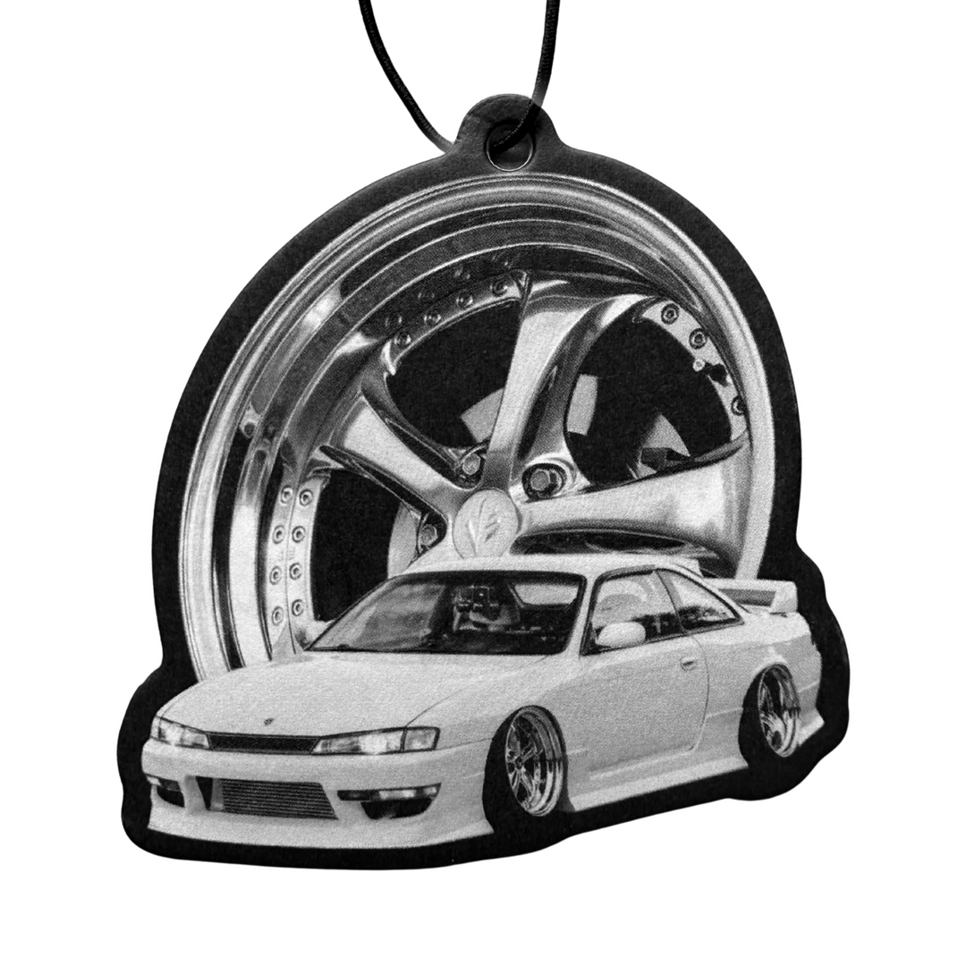 Best Car air freshener featuring the JDM Stance Nissan Silvia S14 Kouki with Black Ice scent. Custom car freshener on black background
