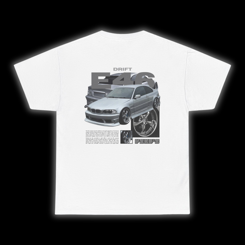 White t-shirt with Bmw E46 graphic on the back, picture of the rear, black background
