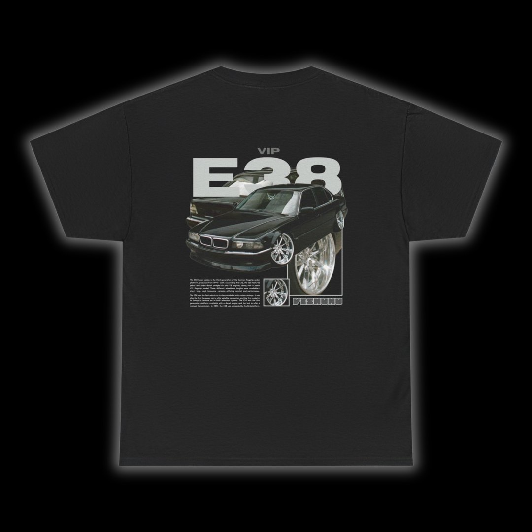 Black T-shirt with Bmw E38 graphic on the back, picture of the rear, black background