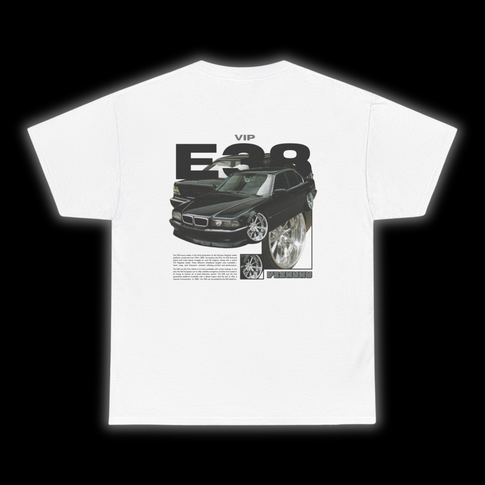 White T-shirt with Bmw E38 graphic on the back, picture of the rear, black background