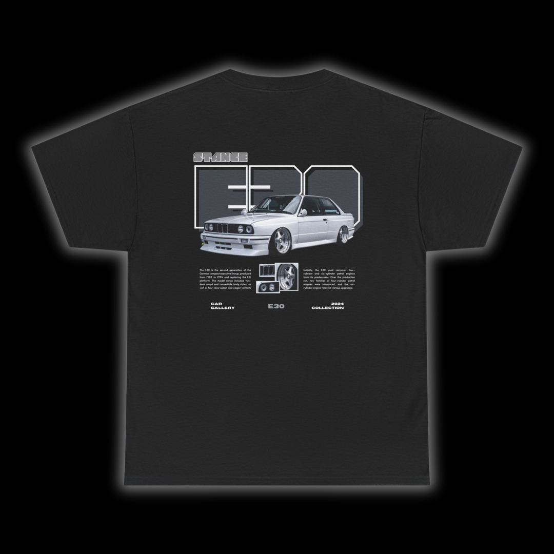 Black T-shirt with BMW E30 graphic on the back, picture of the rear, black background