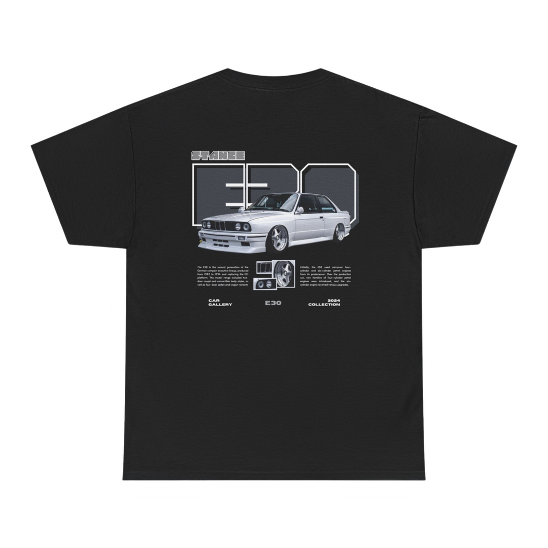 Black T-shirt with BMW E30 graphic on the back, picture of the rear, black background