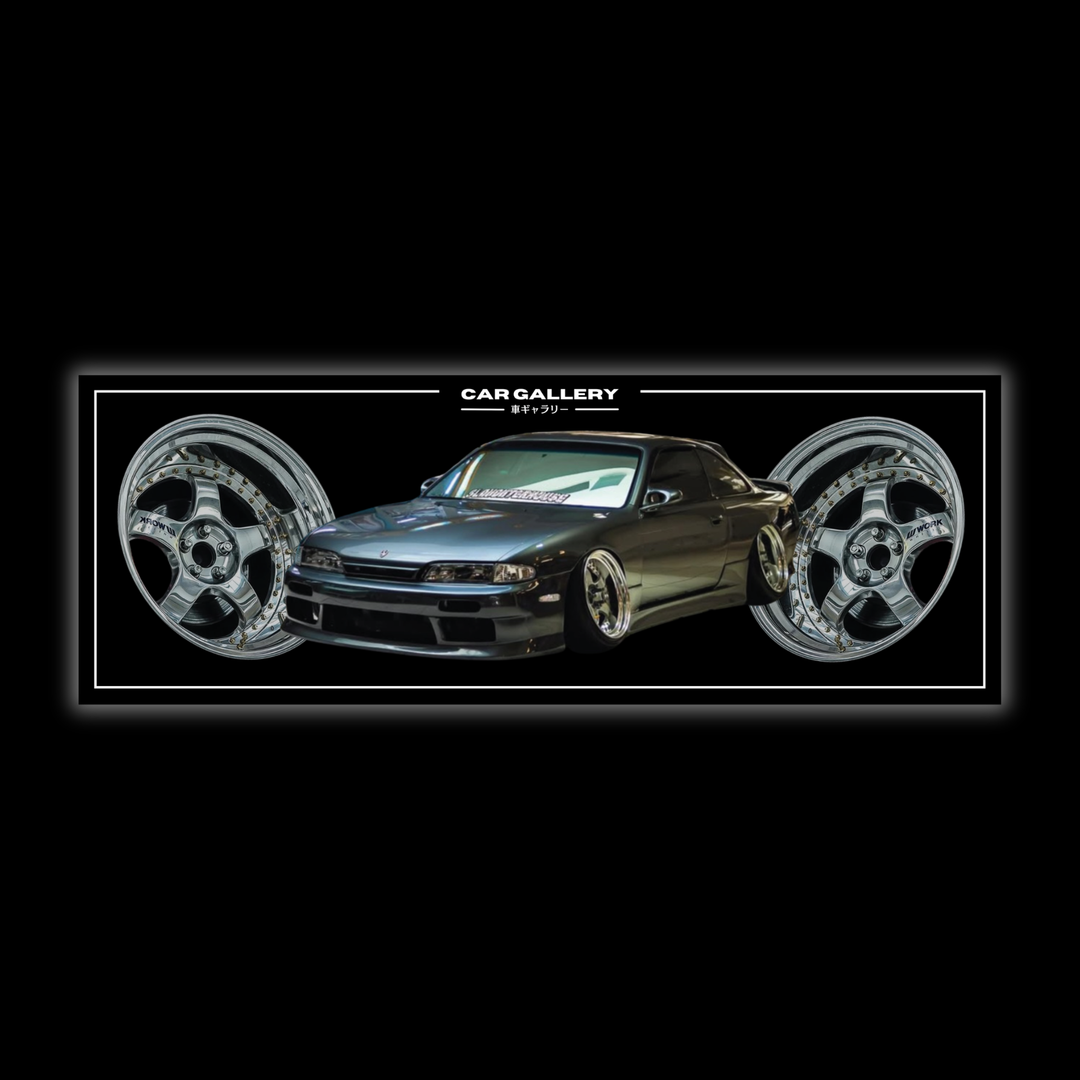 Car slap sticker featuring Nissan Silvia S14 Zenki. Custom slap sticker on a black background
