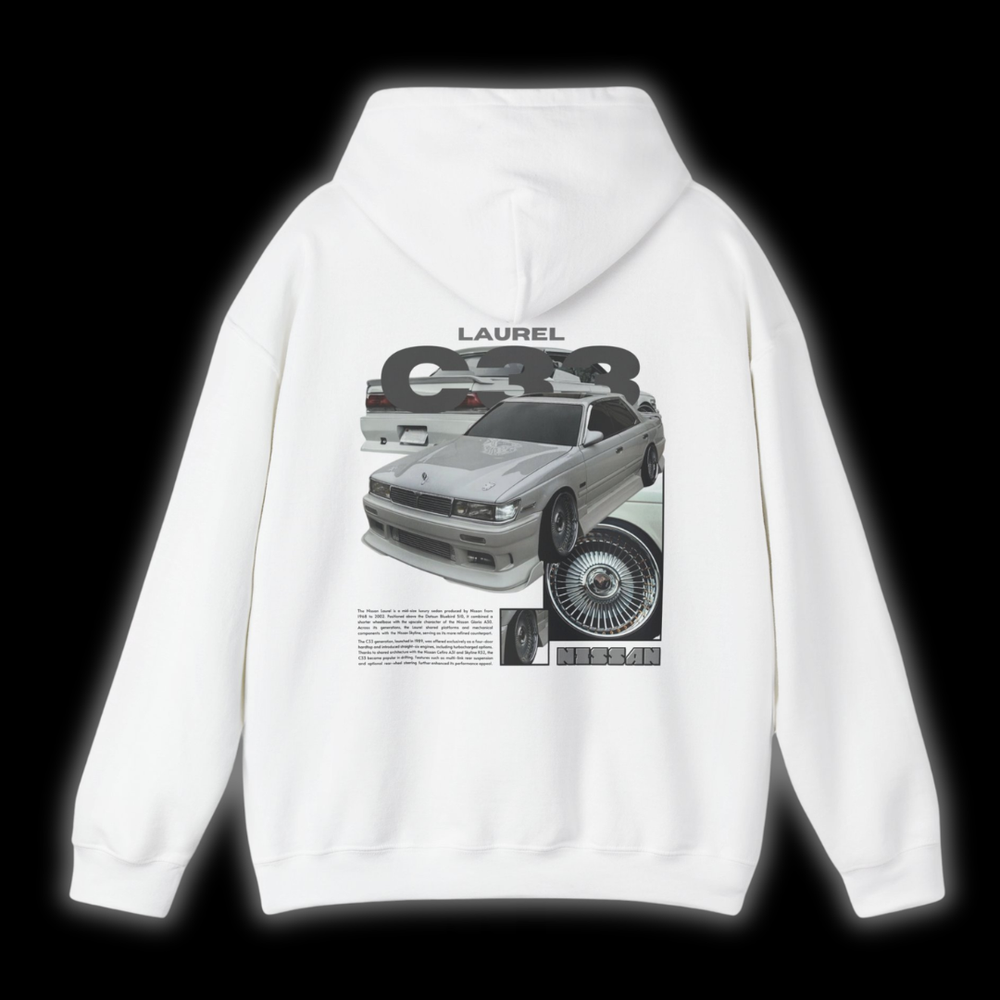 White hoodie with Nissan Laurel C33 graphic on the back, picture of the rear, black background