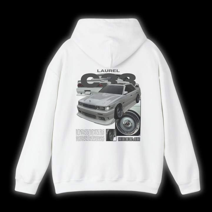 White hoodie with Nissan Laurel C33 graphic on the back, picture of the rear, black background