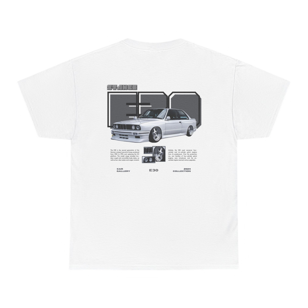 White T-shirt with BMW E30 graphic on the back, picture of the rear, black background
