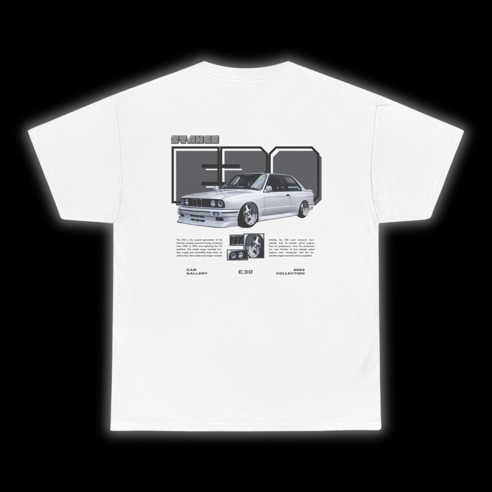 White T-shirt with BMW E30 graphic on the back, picture of the rear, black background