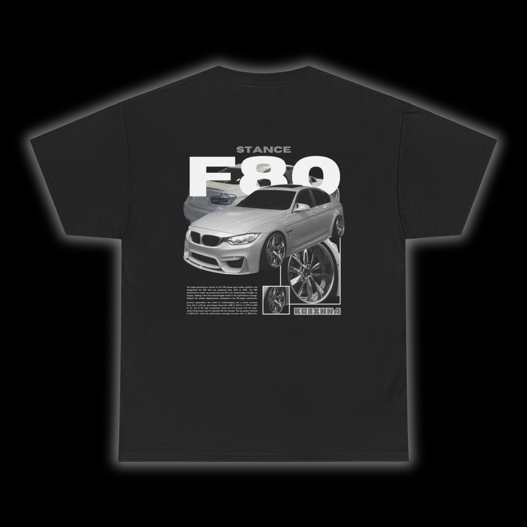 Black T-shirt with Bmw F80 graphic on the back, picture of the rear, black background