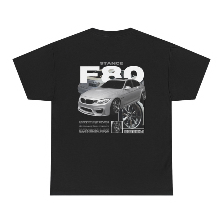Black T-shirt with Bmw F80 graphic on the back, picture of the rear, black background