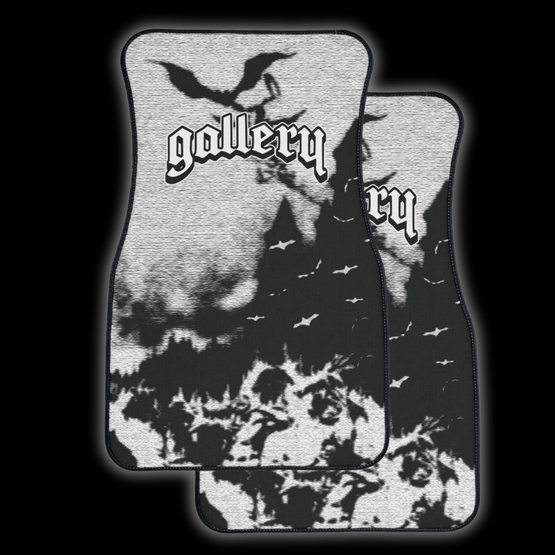 Custom Car floor mats with haunted design and 'gallery' branding, shown on a black background