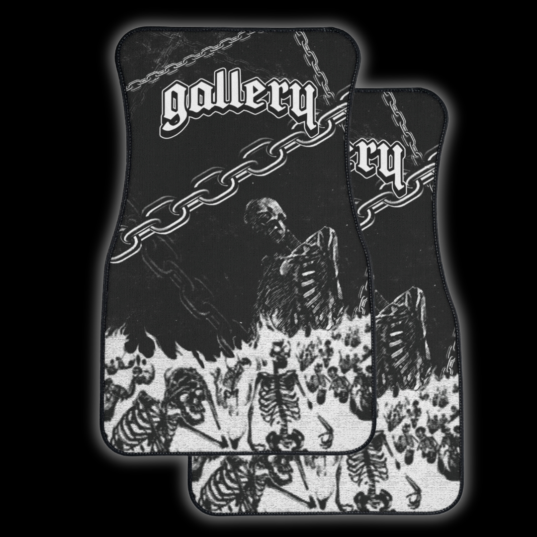 Custom Car floor mats with skeleton design and 'gallery' branding on a black background