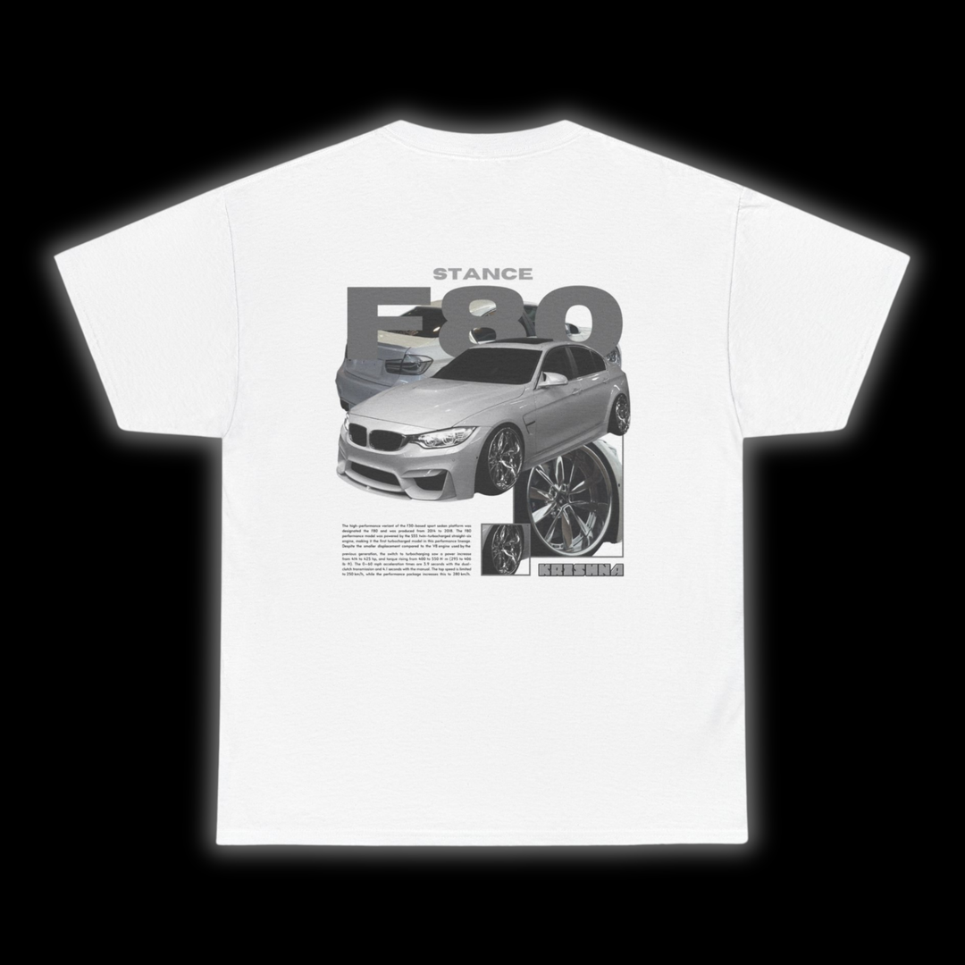 White T-shirt with Bmw F80 graphic on the back, picture of the rear, black background