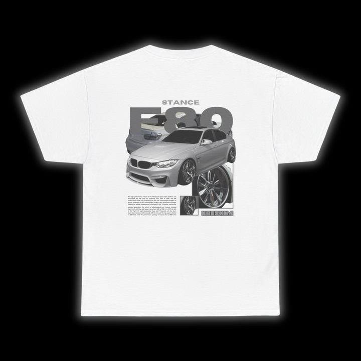 White T-shirt with Bmw F80 graphic on the back, picture of the rear, black background