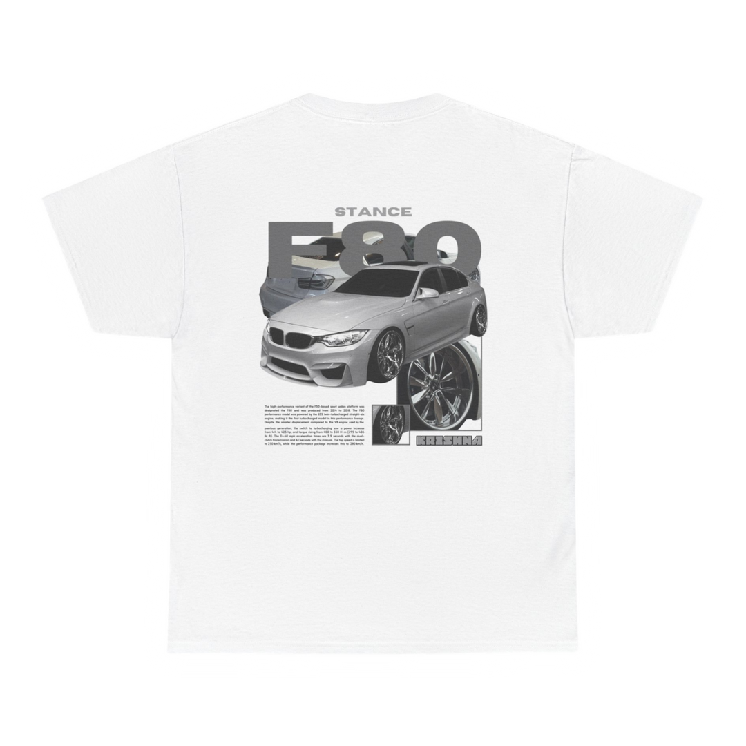 White T-shirt with Bmw F80 graphic on the back, picture of the rear, black background