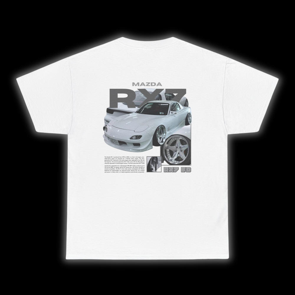 White T-shirt with Mazda Rx7 FD graphic on the back, picture of the rear, black background
