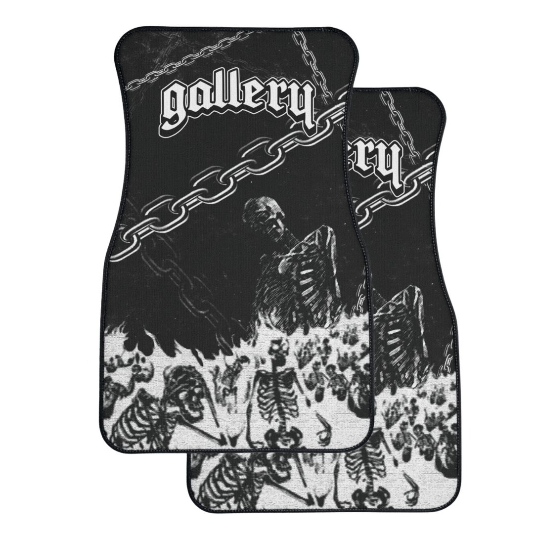 Custom Car floor mats with skeleton design and 'gallery' branding on a black background