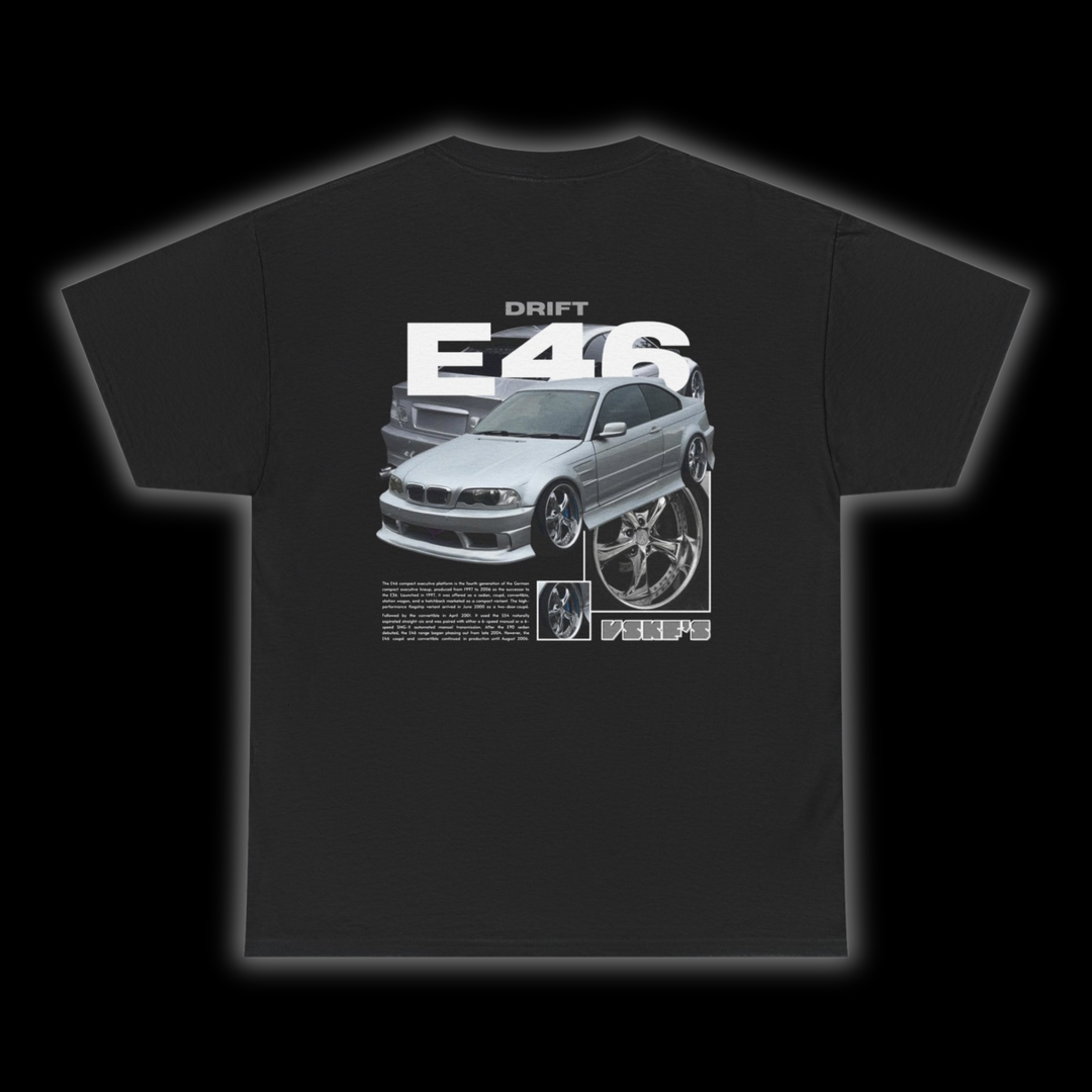 Black t-shirt with Bmw E46 graphic on the back, picture of the rear, black background
