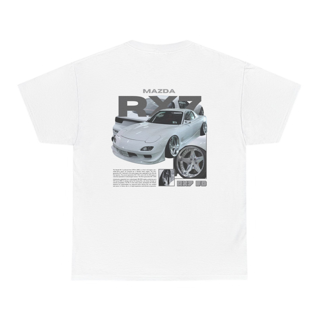 White T-shirt with Mazda Rx7 FD graphic on the back, picture of the rear, black background