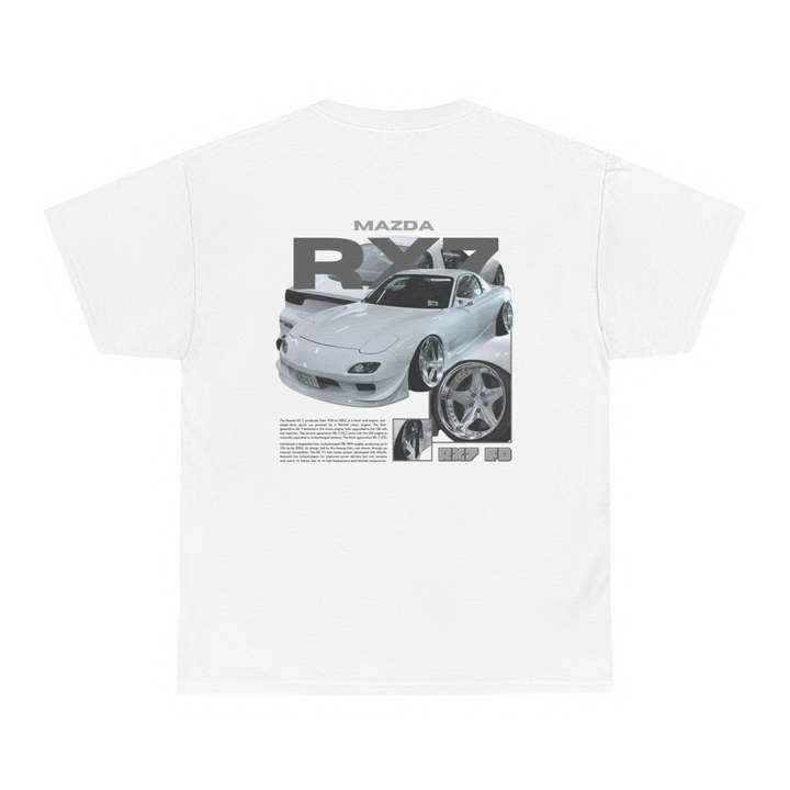 White T-shirt with Mazda Rx7 FD graphic on the back, picture of the rear, black background
